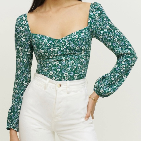 Reformation Reign Long Sleeve Top in Saskia Green Floral Print - Size 2 - Picture 1 of 5